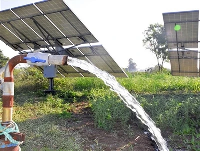 What are the main materials used in solar-powered sprinkler pumps?